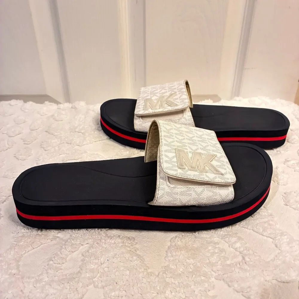 RUNWAY MICHAEL KORS WHITE BLUE RED LOGO SLIP ON SANDAL SLIDE Womens Size 10